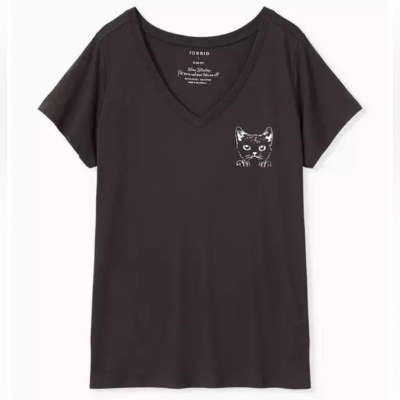 Torrid Slim Fit Vee Neck Tee Cat In Pocket- Black - Picture 1 of 5